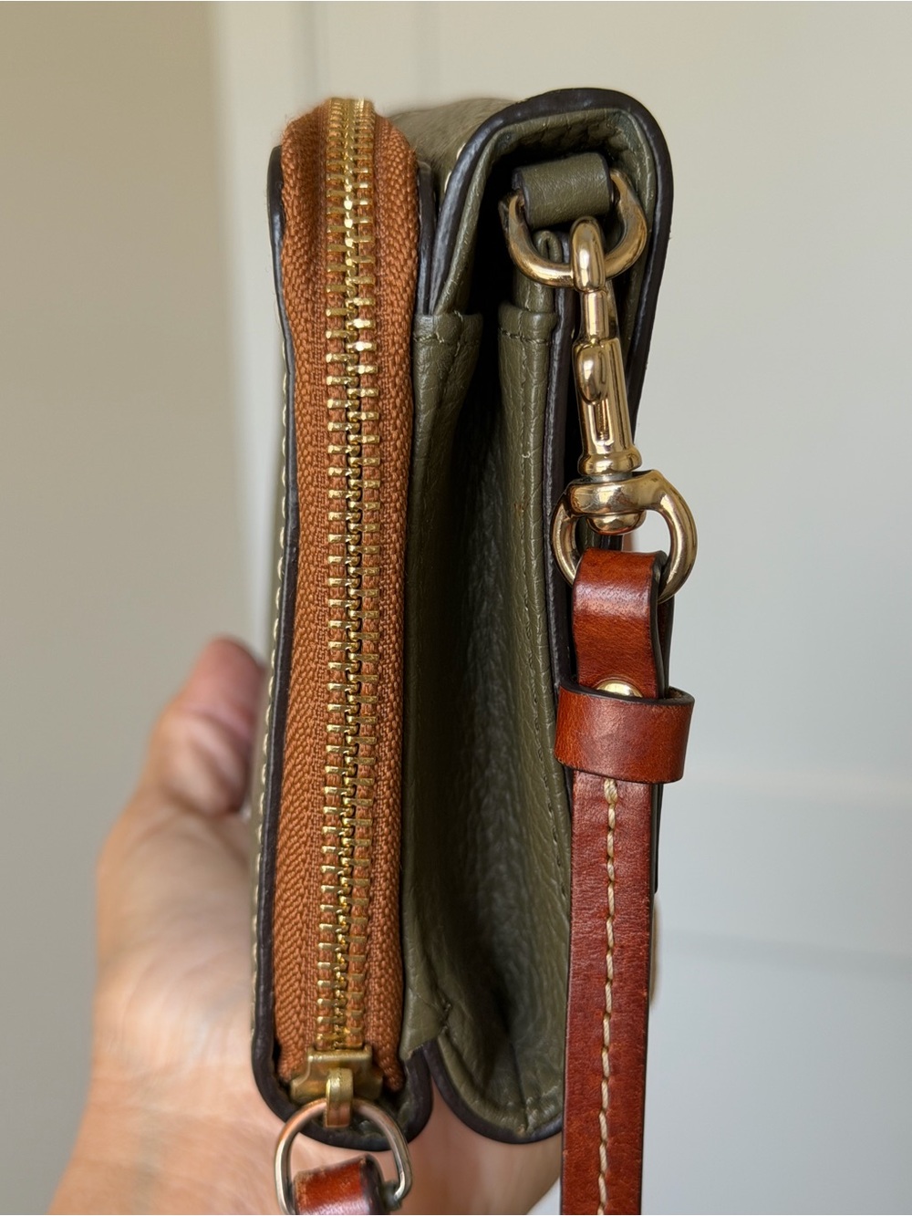 Dooney & Bourke Olive Pebbled Leather Crossbody with Brown Trim - Picture 5 of 15